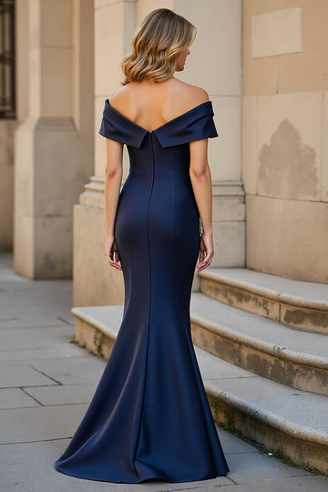 Navy Long Mermaid Off the Shoulder Mother of the Bride Dress